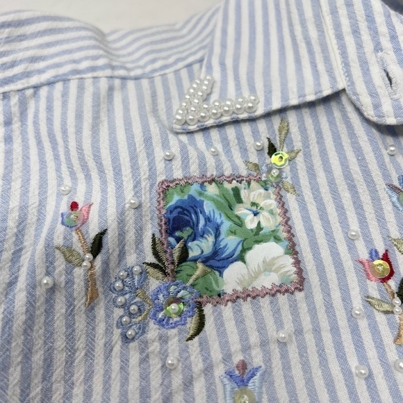 Floral Patchwork Pearl Embellished Cotton Long Sleeve Blouse Size 1X Striped - Picture 8 of 13